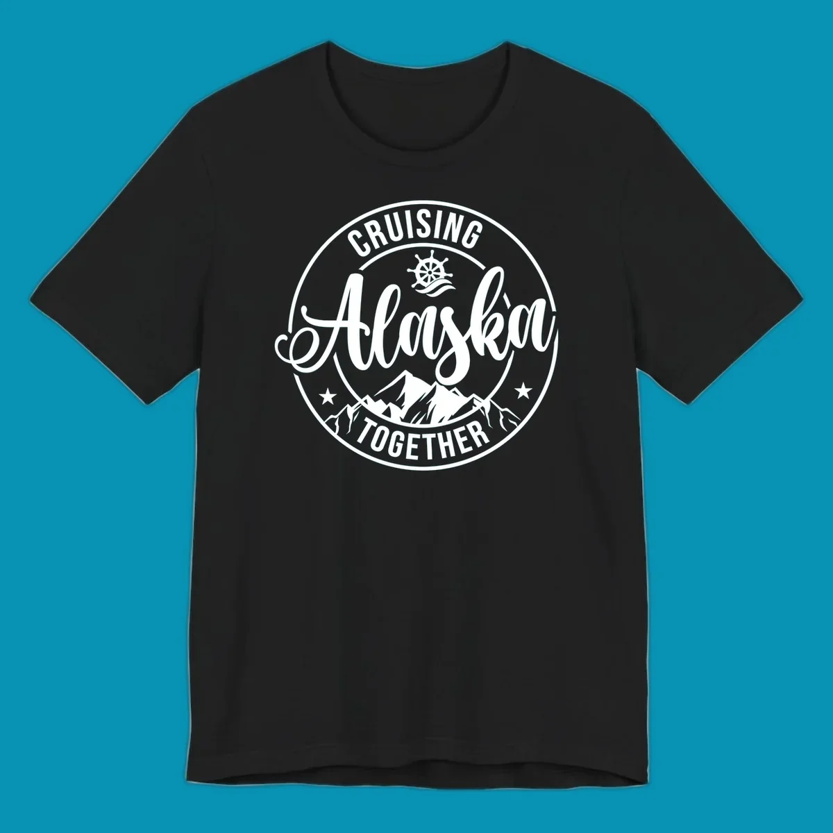 Circular badge with 'Cruising Ashore Together' text, ship wheel, and mountain design in white on gray background