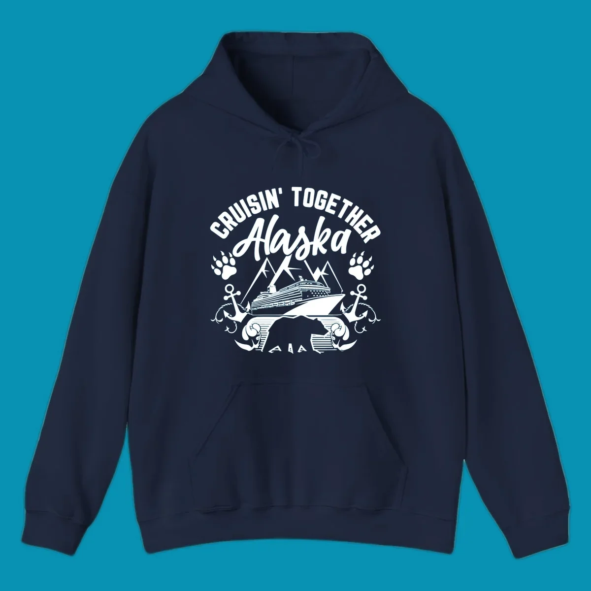 White nautical design on gray background featuring cruise ship between mountains with paw prints and anchors, text reads 'Cruisin' Together Alaska'