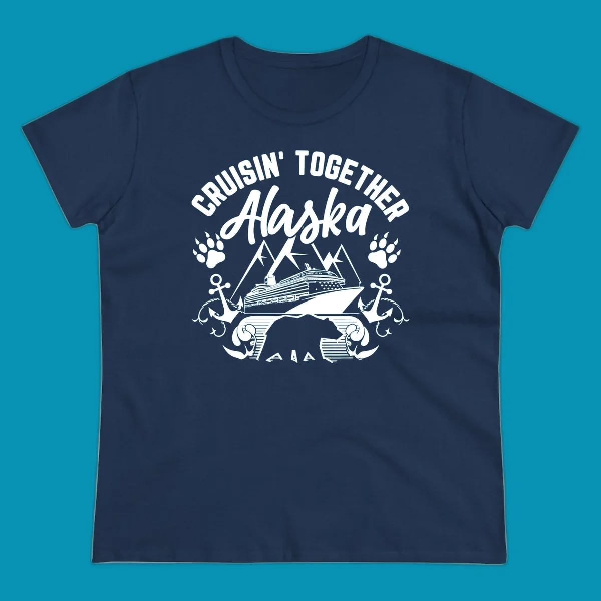 White nautical design on gray background featuring cruise ship between mountains with paw prints and anchors, text reads 'Cruisin' Together Alaska'