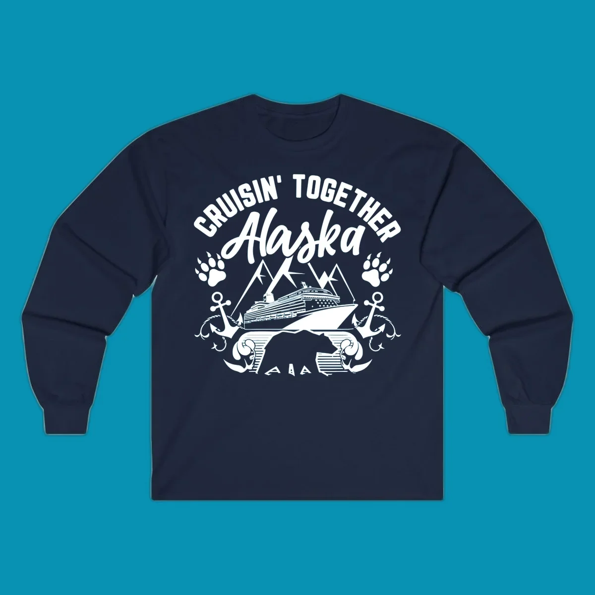 White nautical design on gray background featuring cruise ship between mountains with paw prints and anchors, text reads 'Cruisin' Together Alaska'