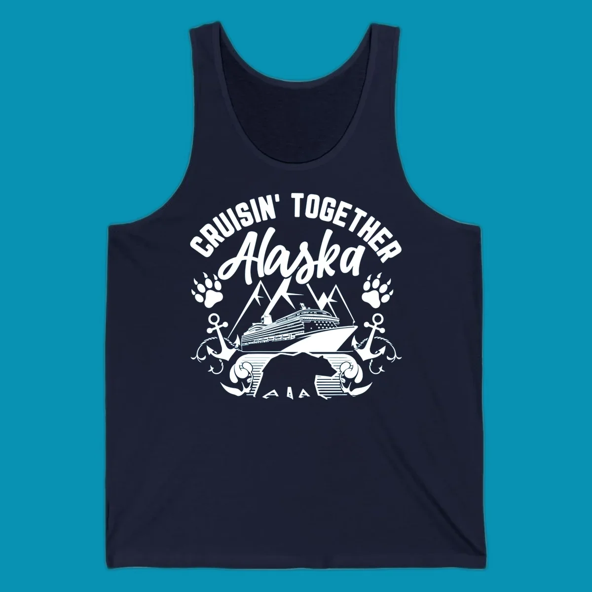 White nautical design on gray background featuring cruise ship between mountains with paw prints and anchors, text reads 'Cruisin' Together Alaska'