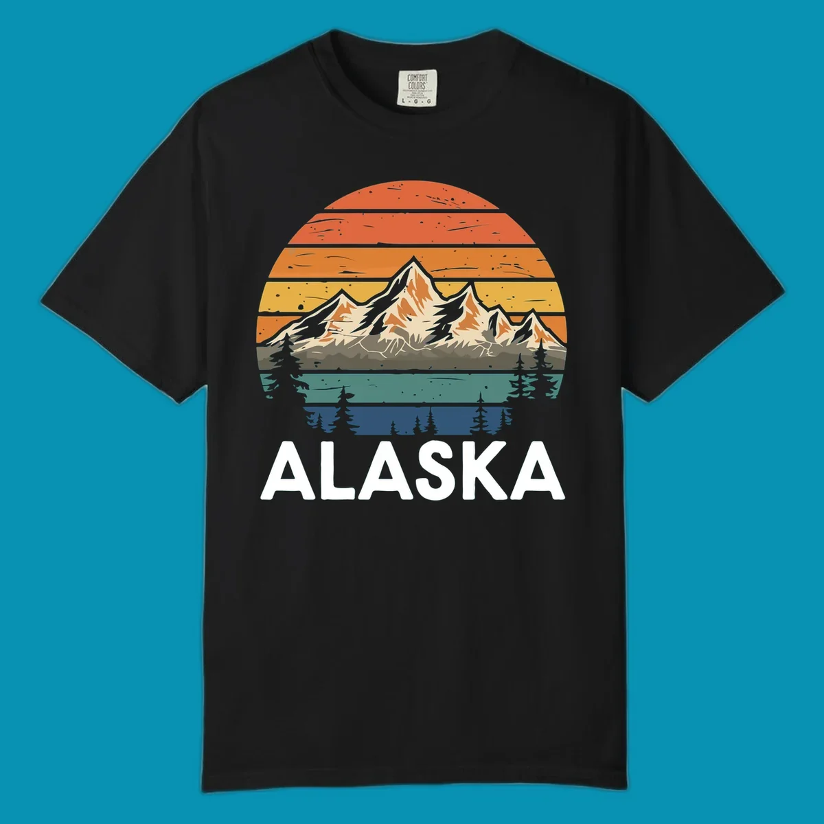 Retro mountain sunset illustration with layered horizontal stripes, snow-capped peaks, evergreen forests, and vintage 1970s color gradient sky.