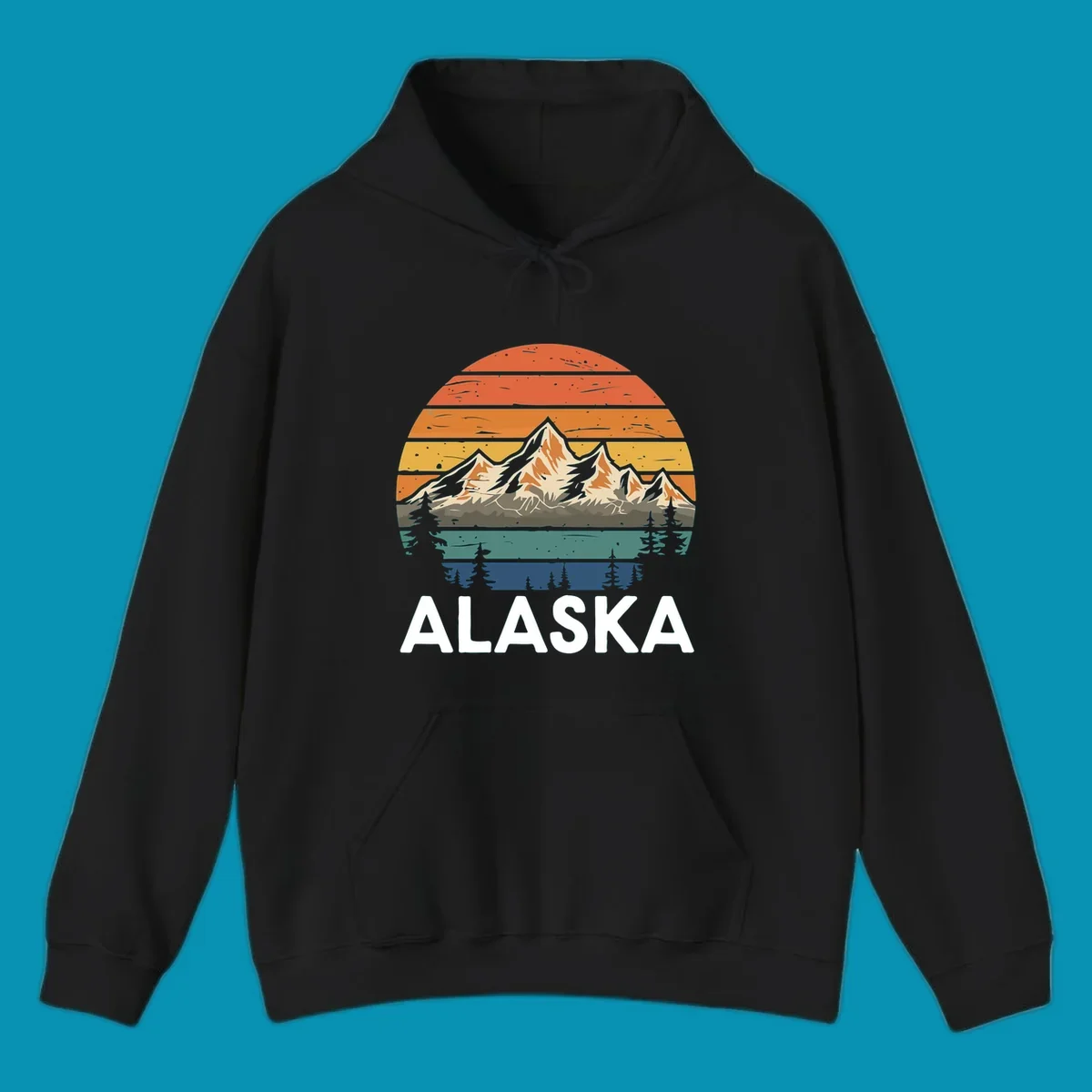 Retro mountain sunset illustration with layered horizontal stripes, snow-capped peaks, evergreen forests, and vintage 1970s color gradient sky.