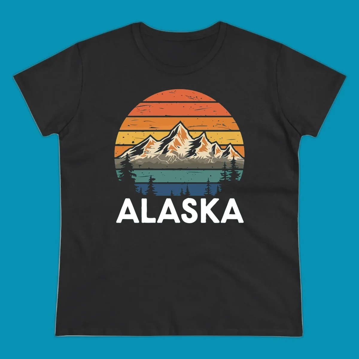 Retro mountain sunset illustration with layered horizontal stripes, snow-capped peaks, evergreen forests, and vintage 1970s color gradient sky.