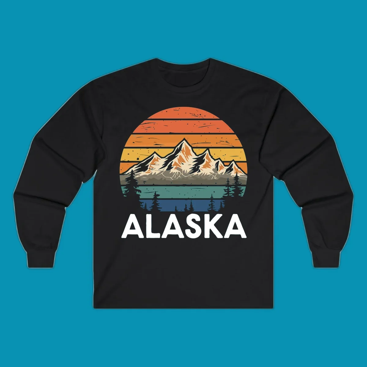 Retro mountain sunset illustration with layered horizontal stripes, snow-capped peaks, evergreen forests, and vintage 1970s color gradient sky.