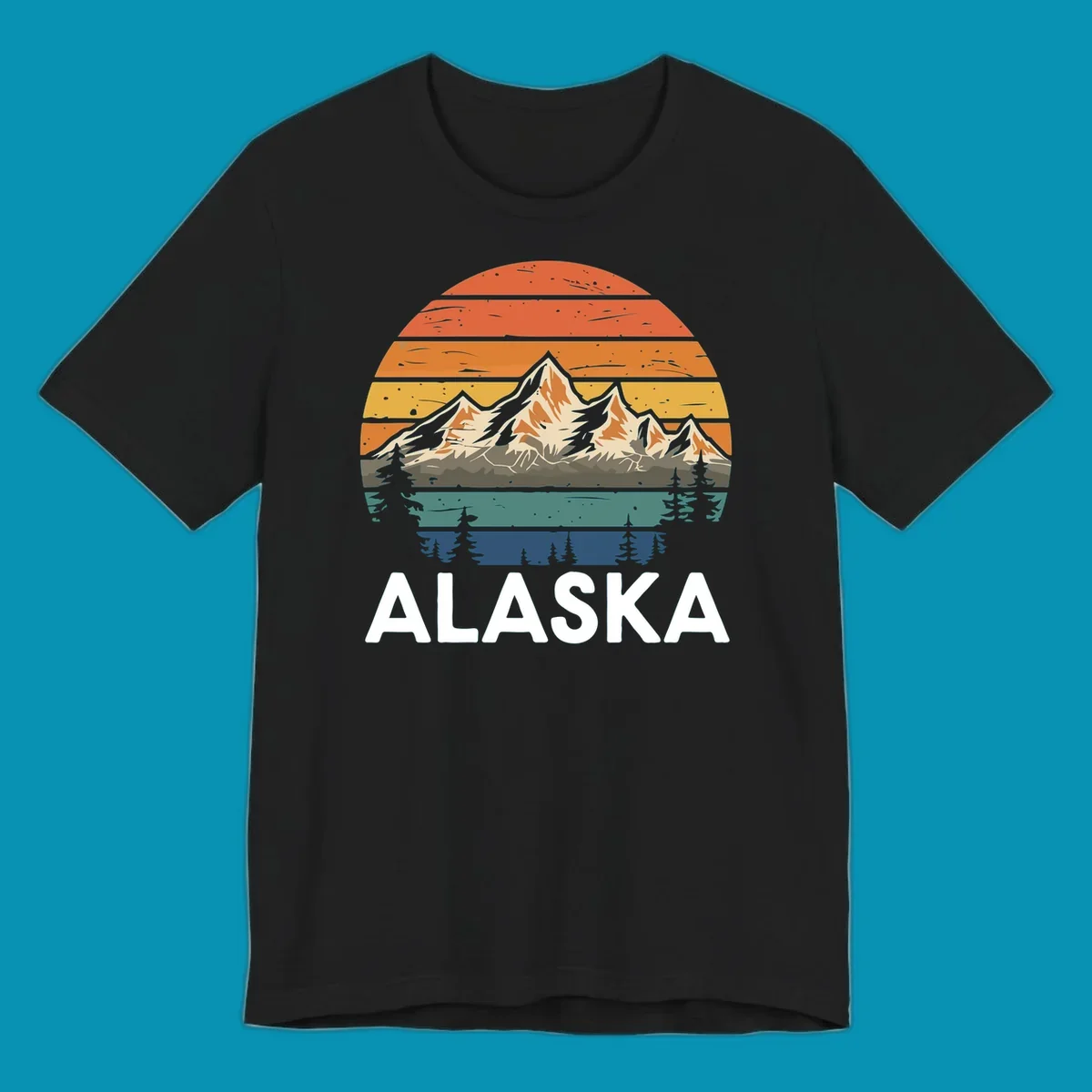 Retro mountain sunset illustration with layered horizontal stripes, snow-capped peaks, evergreen forests, and vintage 1970s color gradient sky.