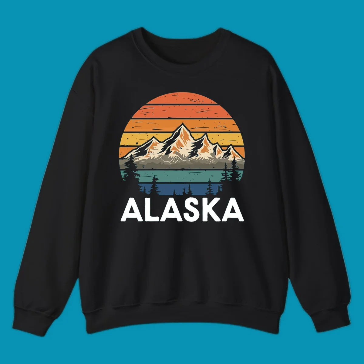 Retro mountain sunset illustration with layered horizontal stripes, snow-capped peaks, evergreen forests, and vintage 1970s color gradient sky.
