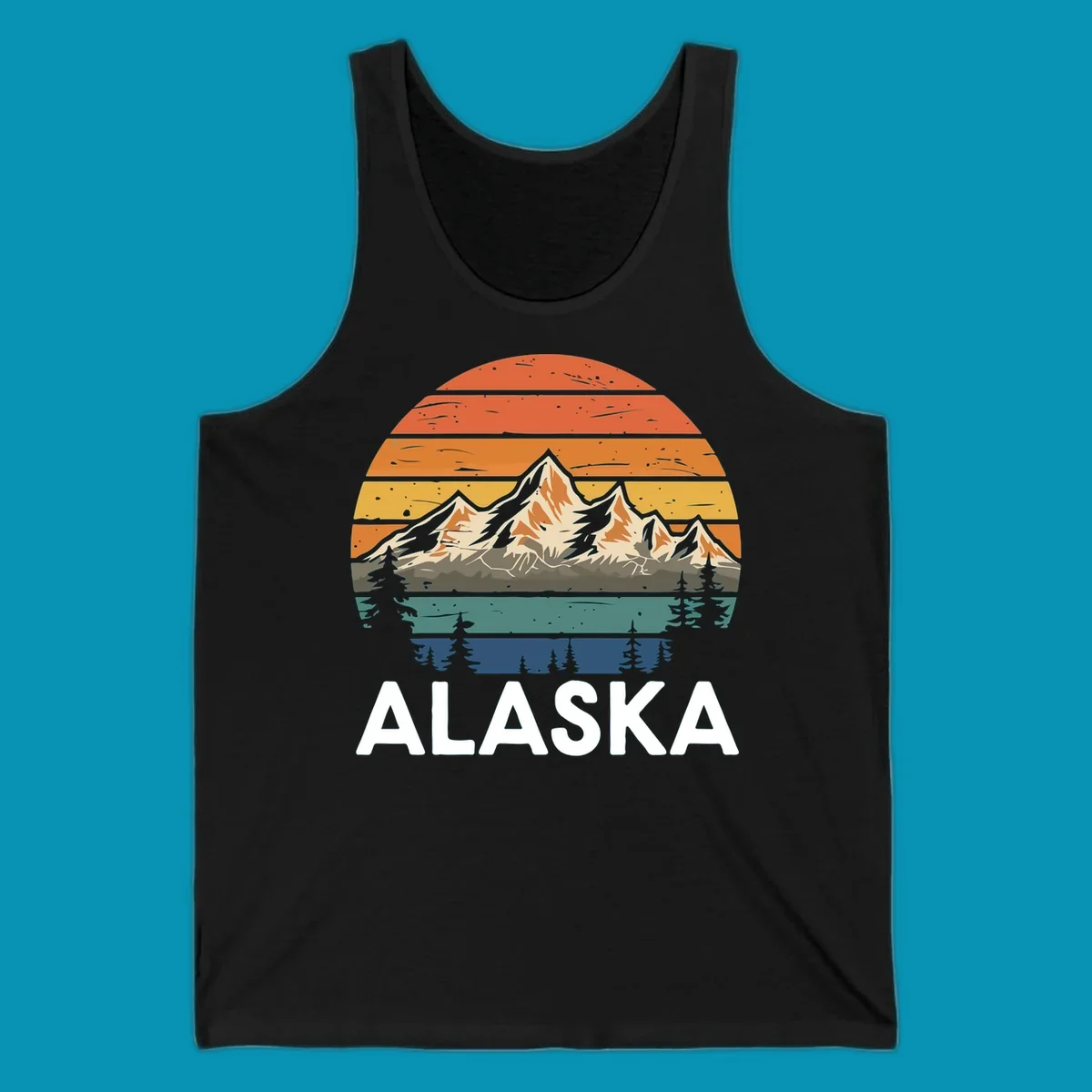 Retro mountain sunset illustration with layered horizontal stripes, snow-capped peaks, evergreen forests, and vintage 1970s color gradient sky.