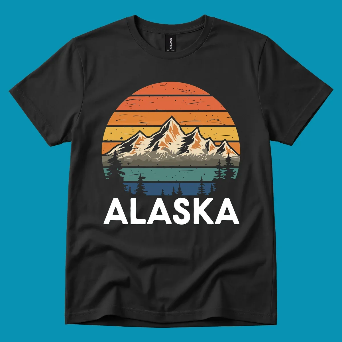 Retro mountain sunset illustration with layered horizontal stripes, snow-capped peaks, evergreen forests, and vintage 1970s color gradient sky.