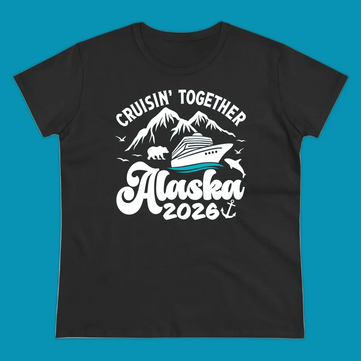 Minimalist teal ocean waves design featuring two flowing curved lines representing calm water movement on white background.
