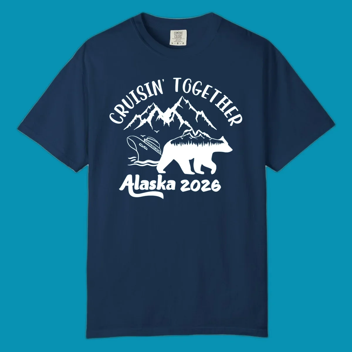 Cruisin Together Alaska 2026 design: bear silhouette filled with mountains and forest, surrounded by peaks, canoe, and water waves with text
