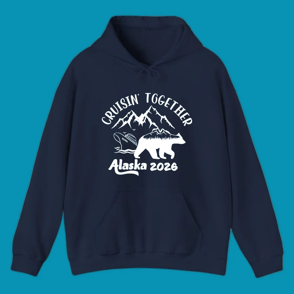 Cruisin Together Alaska 2026 design: bear silhouette filled with mountains and forest, surrounded by peaks, canoe, and water waves with text