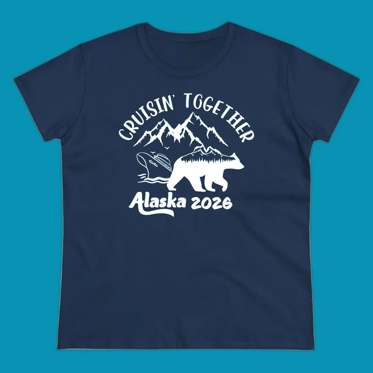 Cruisin Together Alaska 2026 design: bear silhouette filled with mountains and forest, surrounded by peaks, canoe, and water waves with text