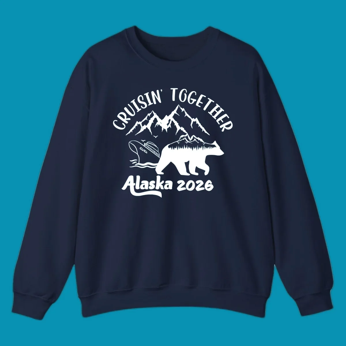 Cruisin Together Alaska 2026 design: bear silhouette filled with mountains and forest, surrounded by peaks, canoe, and water waves with text