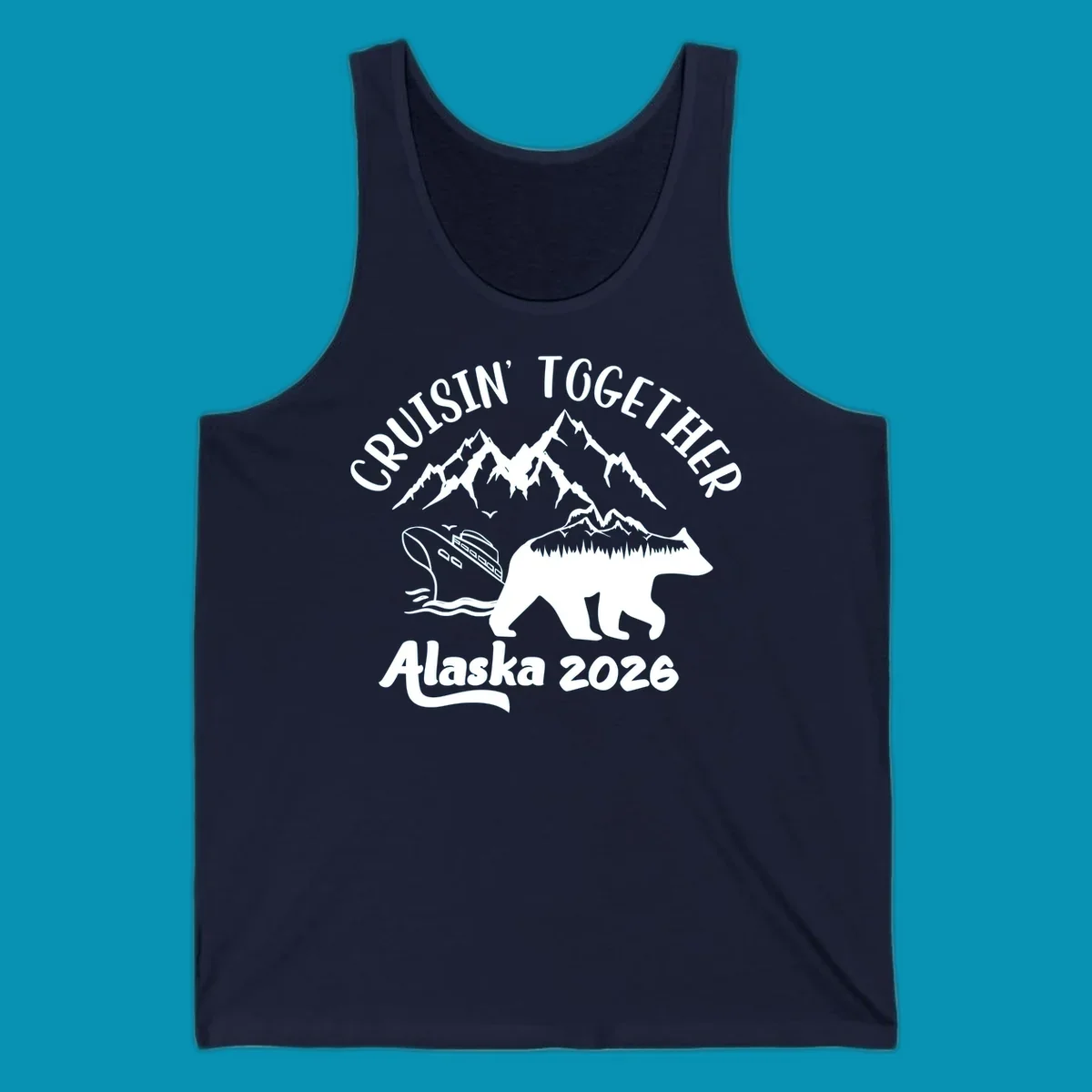 Cruisin Together Alaska 2026 design: bear silhouette filled with mountains and forest, surrounded by peaks, canoe, and water waves with text
