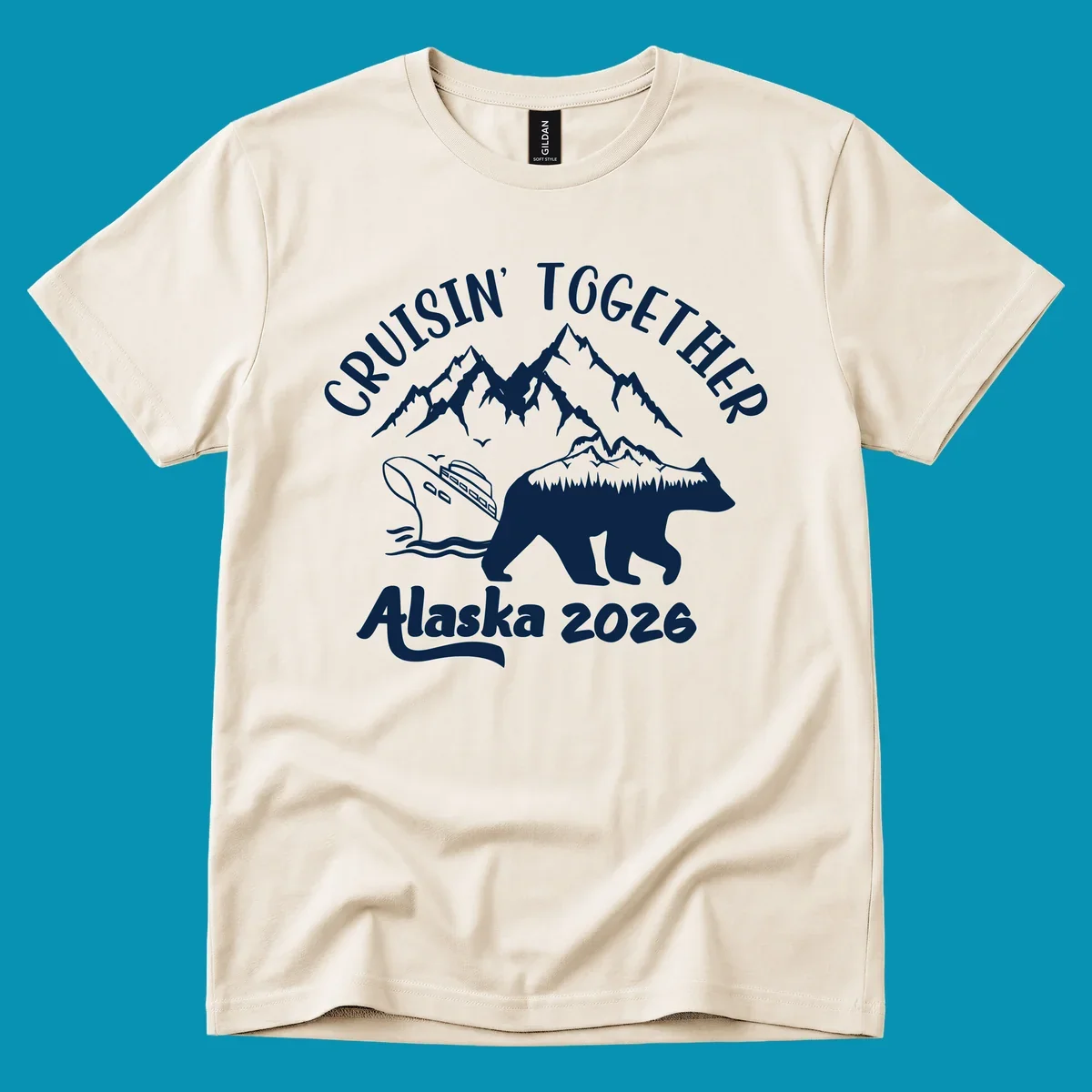 Cruisin Together Alaska 2026 design: bear silhouette filled with mountains and forest, surrounded by peaks, canoe, and water waves with text