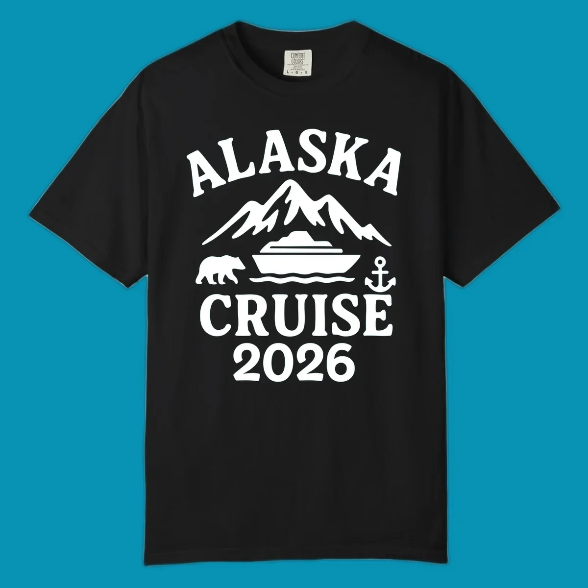 White Alaska Cruise 2026 design with snow mountain, cruise ship, bear, and anchor icons on gray background