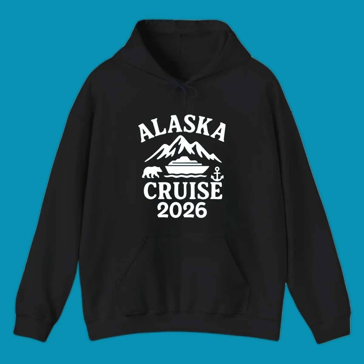 White Alaska Cruise 2026 design with snow mountain, cruise ship, bear, and anchor icons on gray background