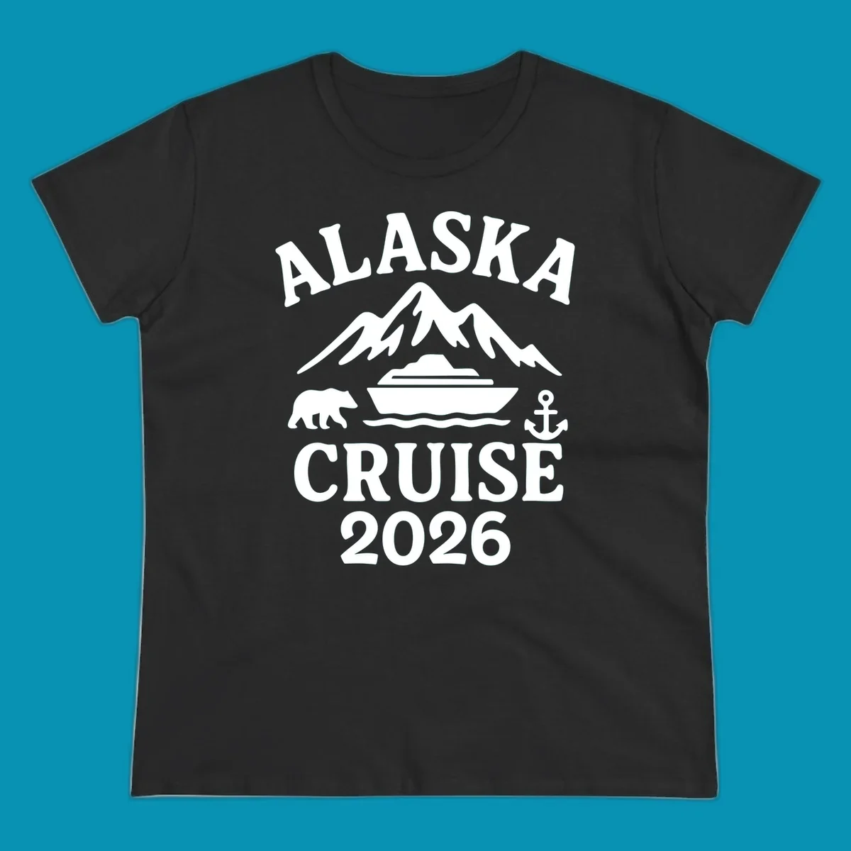 White Alaska Cruise 2026 design with snow mountain, cruise ship, bear, and anchor icons on gray background