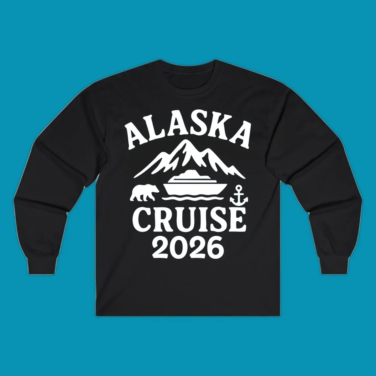 White Alaska Cruise 2026 design with snow mountain, cruise ship, bear, and anchor icons on gray background