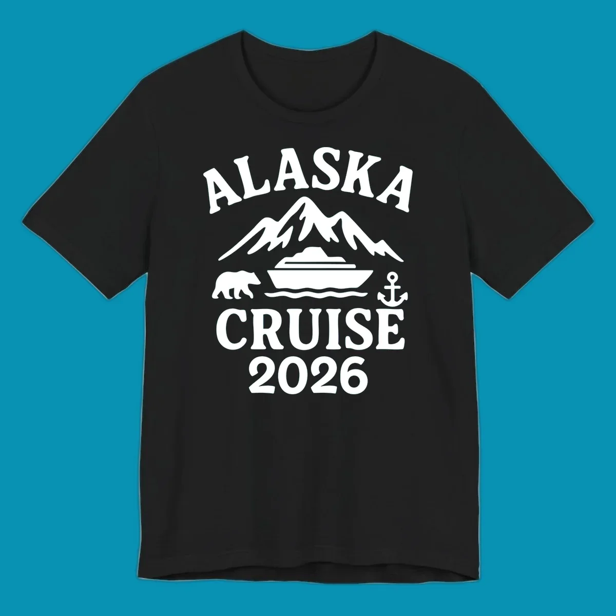 White Alaska Cruise 2026 design with snow mountain, cruise ship, bear, and anchor icons on gray background