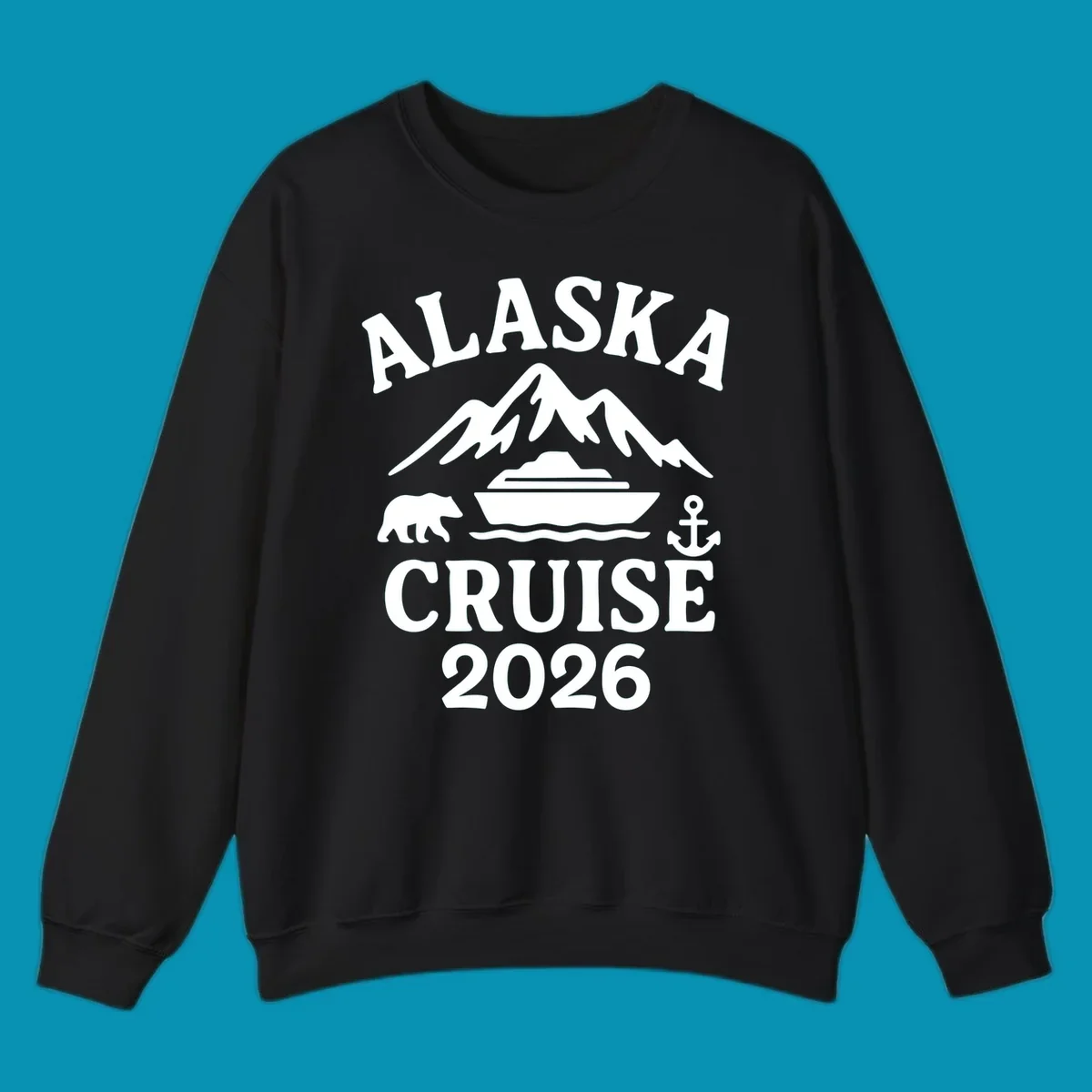 White Alaska Cruise 2026 design with snow mountain, cruise ship, bear, and anchor icons on gray background