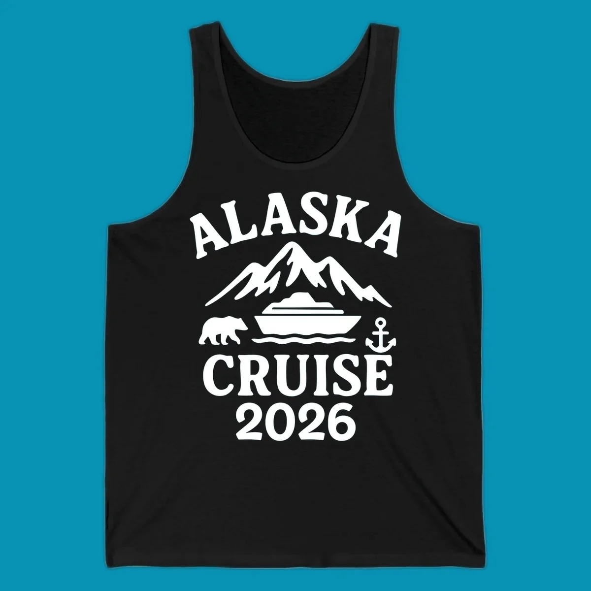 White Alaska Cruise 2026 design with snow mountain, cruise ship, bear, and anchor icons on gray background