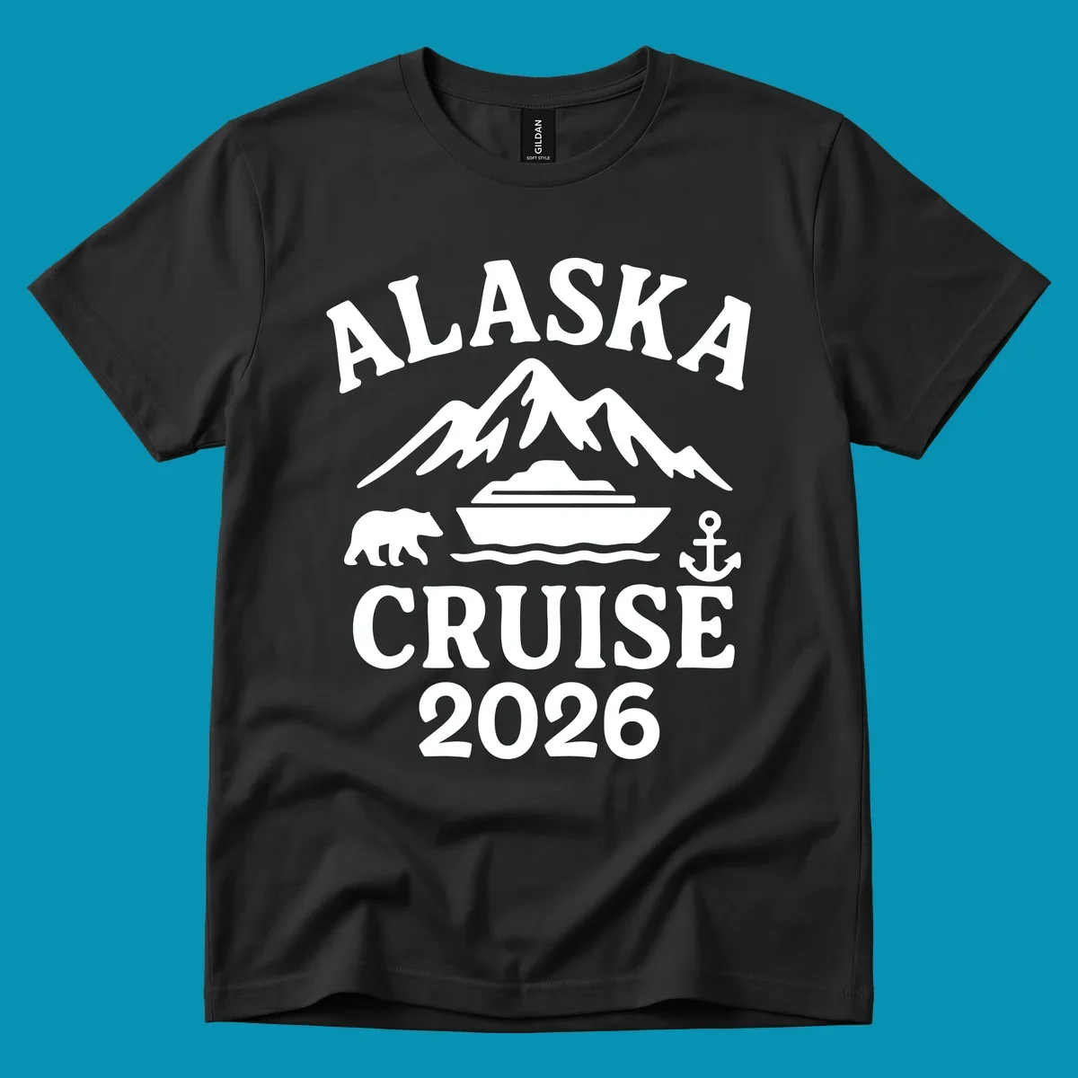 White Alaska Cruise 2026 design with snow mountain, cruise ship, bear, and anchor icons on gray background