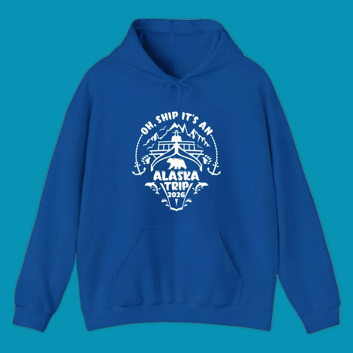 Oh Ship It's An Alaska Trip 2026 cruise design with ship, bear, mountains, anchors and whale splashes