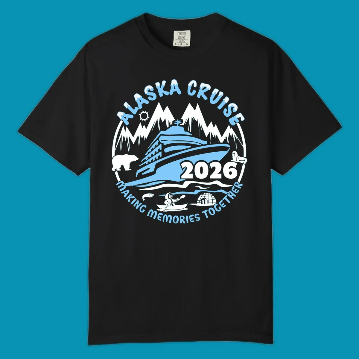 Alaska cruise making memories together circular badge with cruise ship and ocean waves illustration