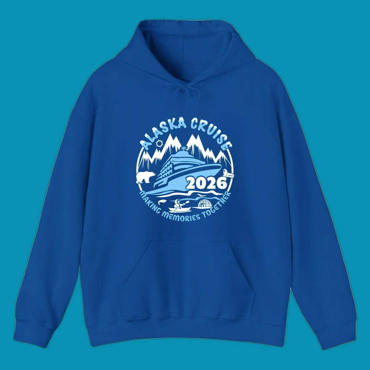 Alaska cruise making memories together circular badge with cruise ship and ocean waves illustration