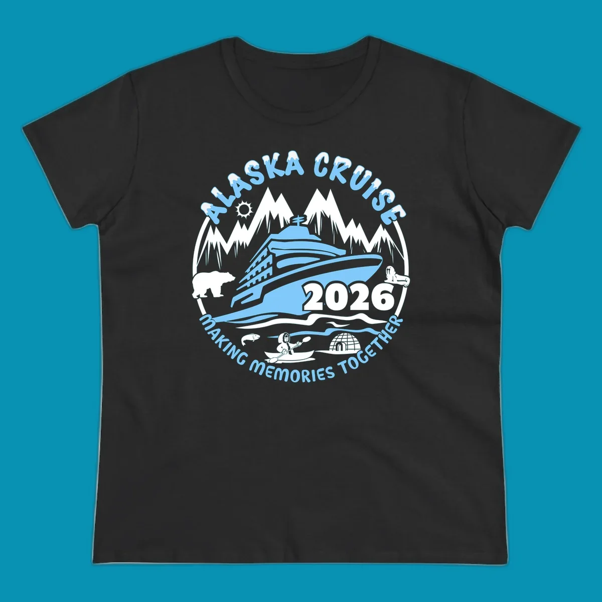 Alaska cruise making memories together circular badge with cruise ship and ocean waves illustration
