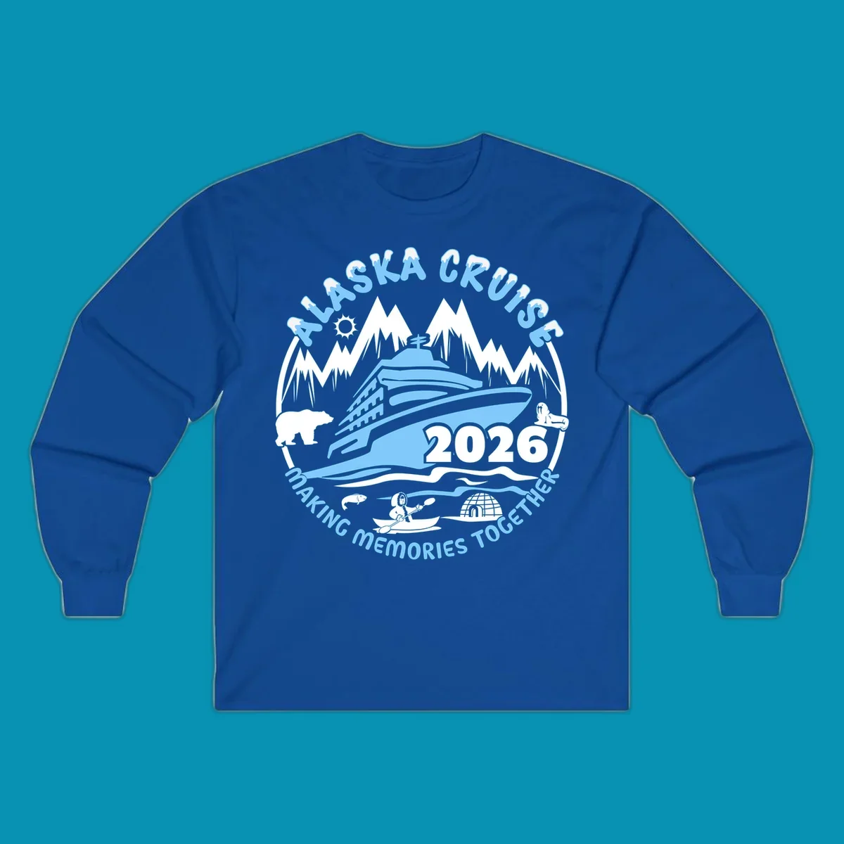 Alaska cruise making memories together circular badge with cruise ship and ocean waves illustration