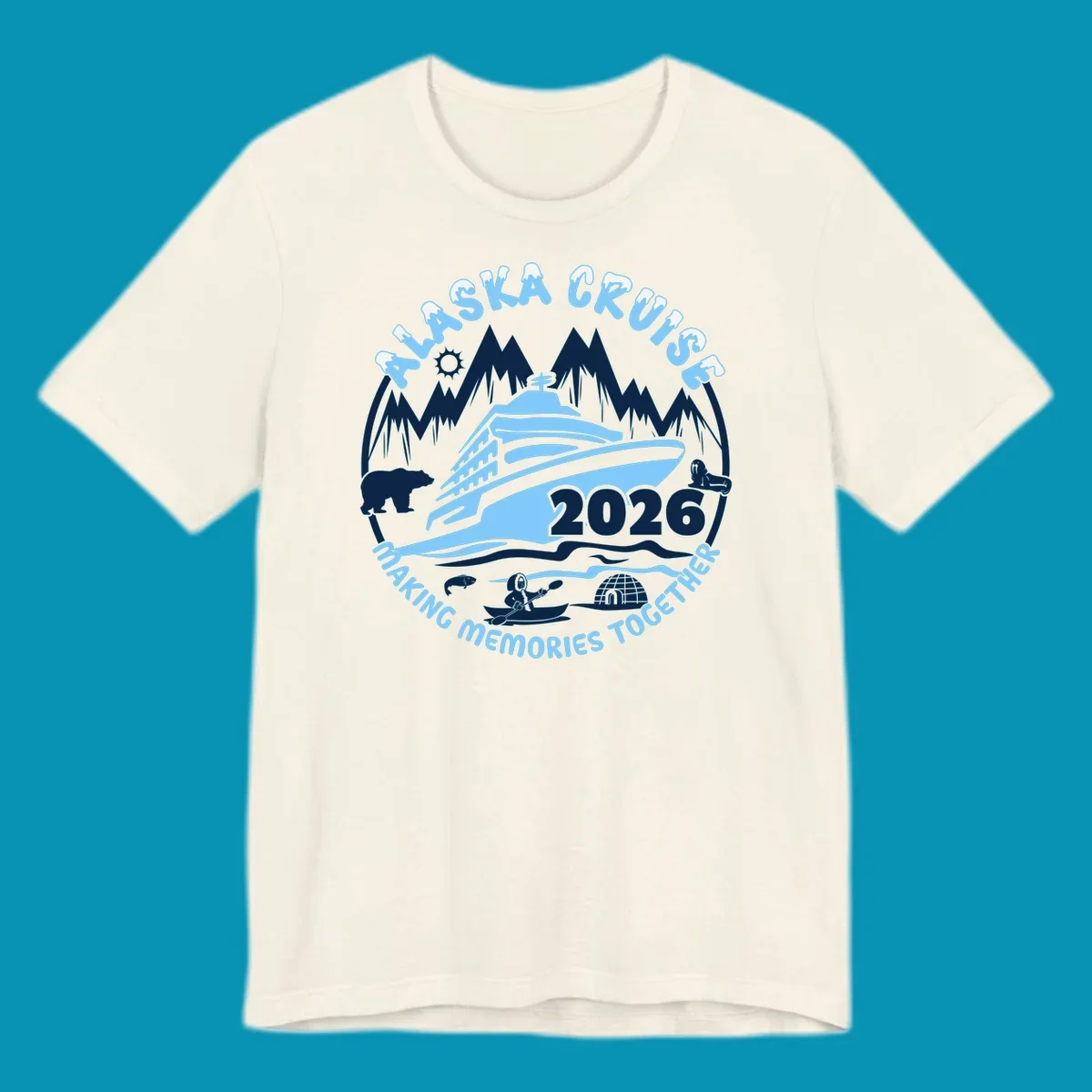 Alaska cruise making memories together circular badge with cruise ship and ocean waves illustration