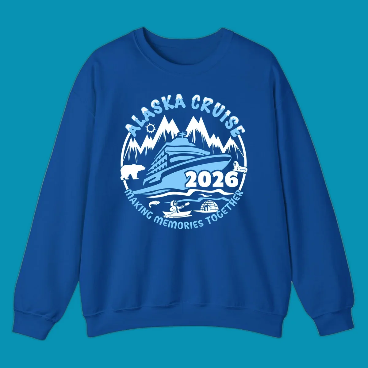 Alaska cruise making memories together circular badge with cruise ship and ocean waves illustration