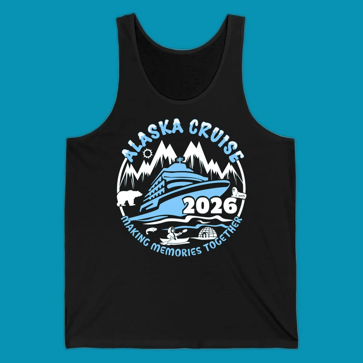 Alaska cruise making memories together circular badge with cruise ship and ocean waves illustration