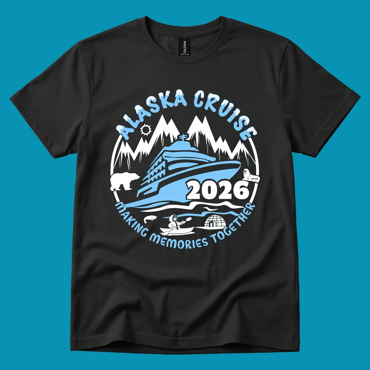 Alaska cruise making memories together circular badge with cruise ship and ocean waves illustration