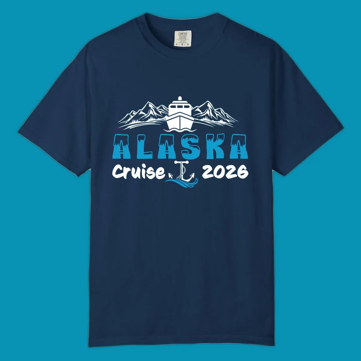 Alaska snow peak lettering design with frosted, icy-topped letters and decorative wave element in blue and white.
