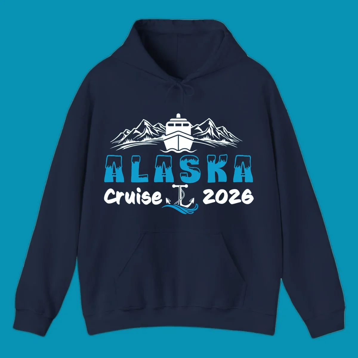 Alaska snow peak lettering design with frosted, icy-topped letters and decorative wave element in blue and white.