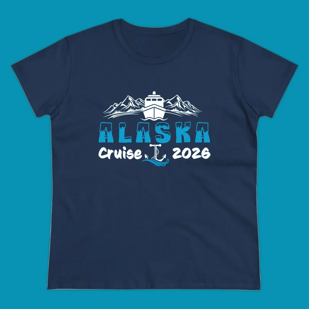 Alaska snow peak lettering design with frosted, icy-topped letters and decorative wave element in blue and white.