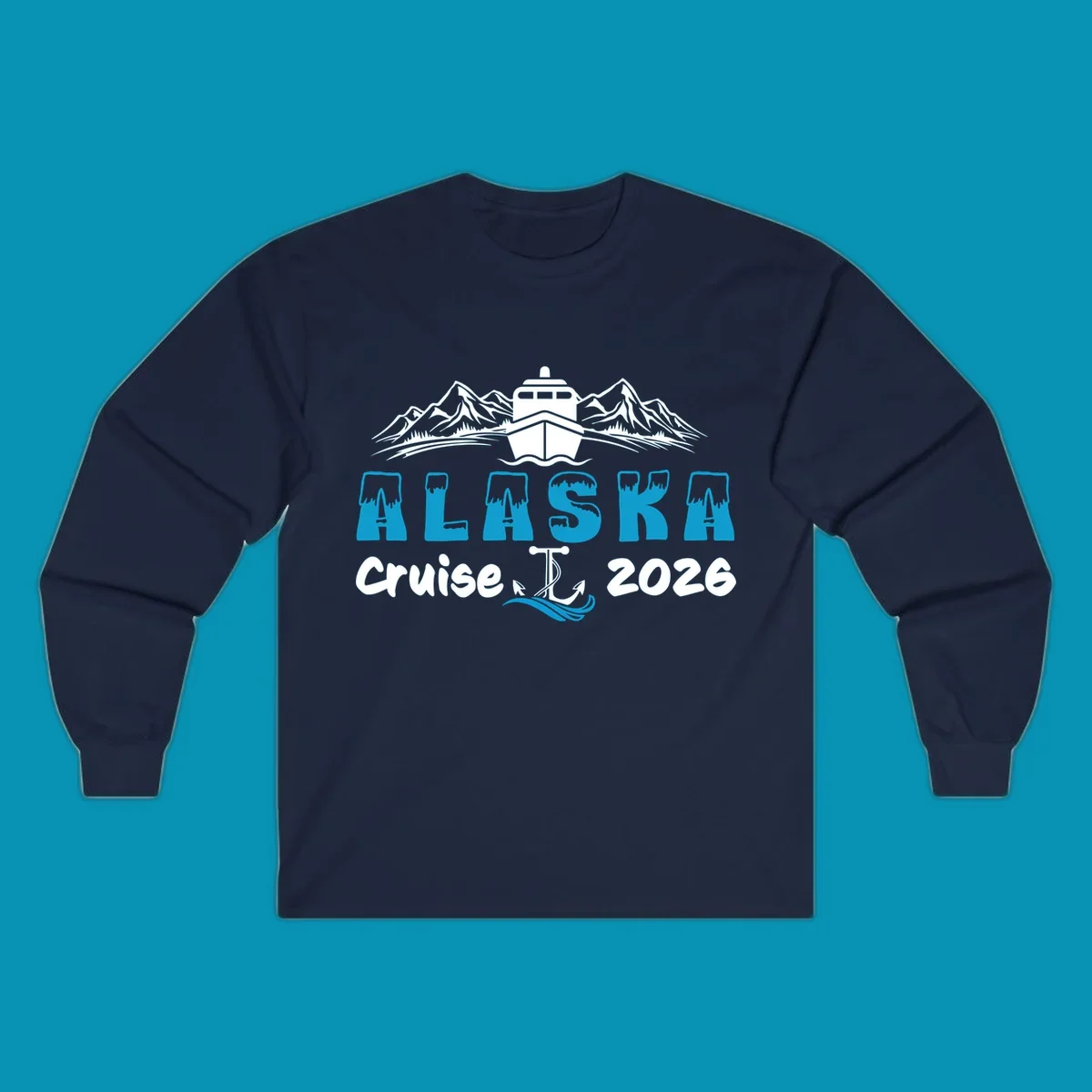 Alaska snow peak lettering design with frosted, icy-topped letters and decorative wave element in blue and white.