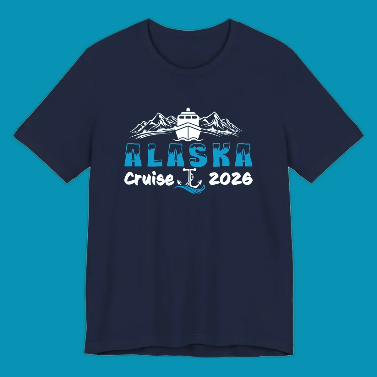 Alaska snow peak lettering design with frosted, icy-topped letters and decorative wave element in blue and white.