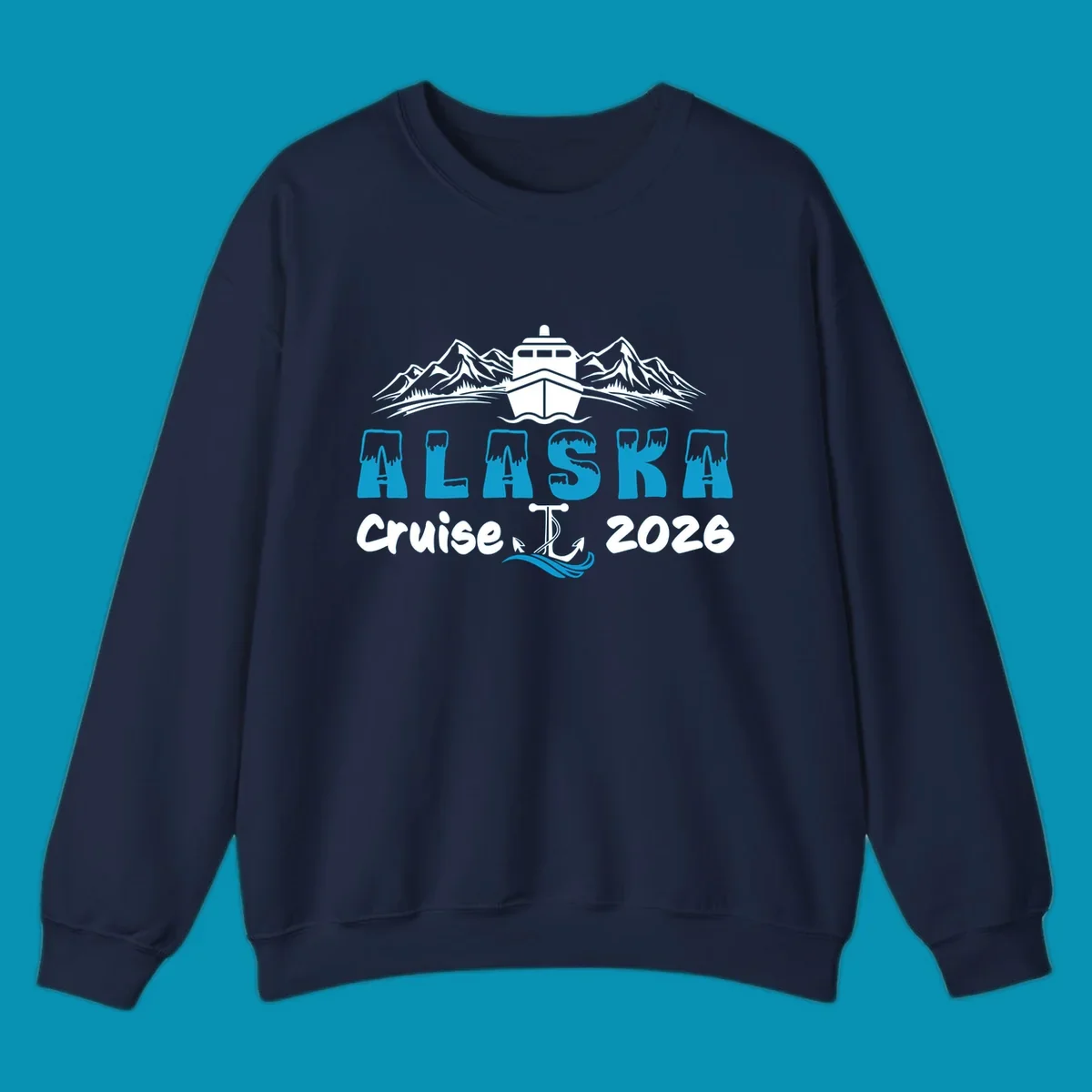 Alaska snow peak lettering design with frosted, icy-topped letters and decorative wave element in blue and white.