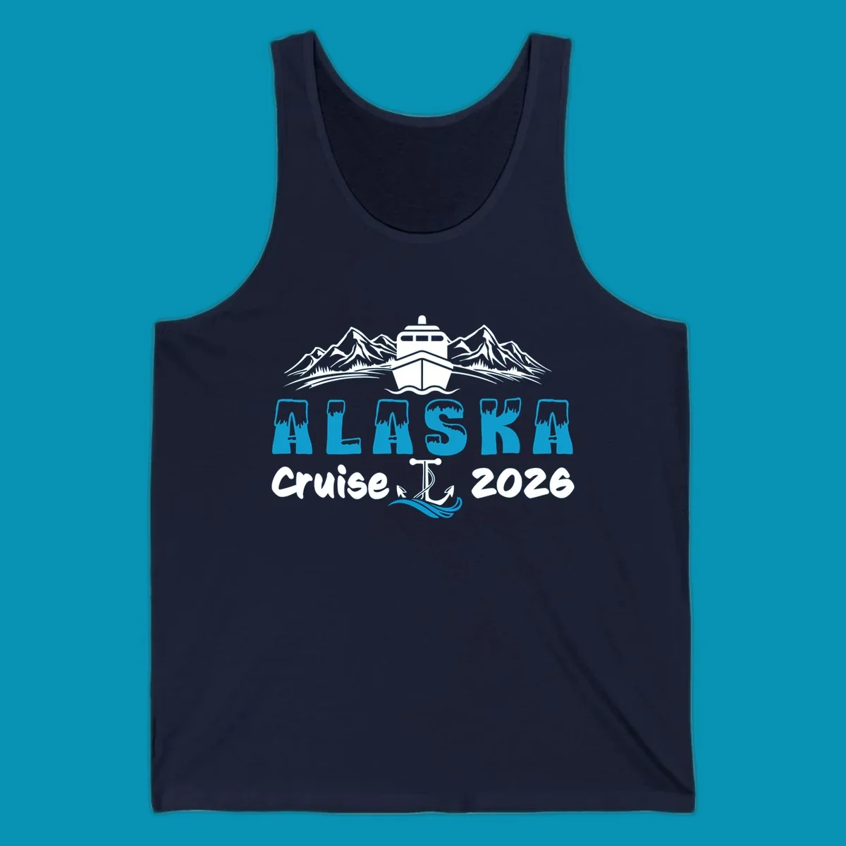 Alaska snow peak lettering design with frosted, icy-topped letters and decorative wave element in blue and white.