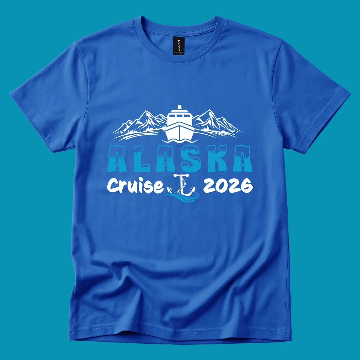 Alaska snow peak lettering design with frosted, icy-topped letters and decorative wave element in blue and white.