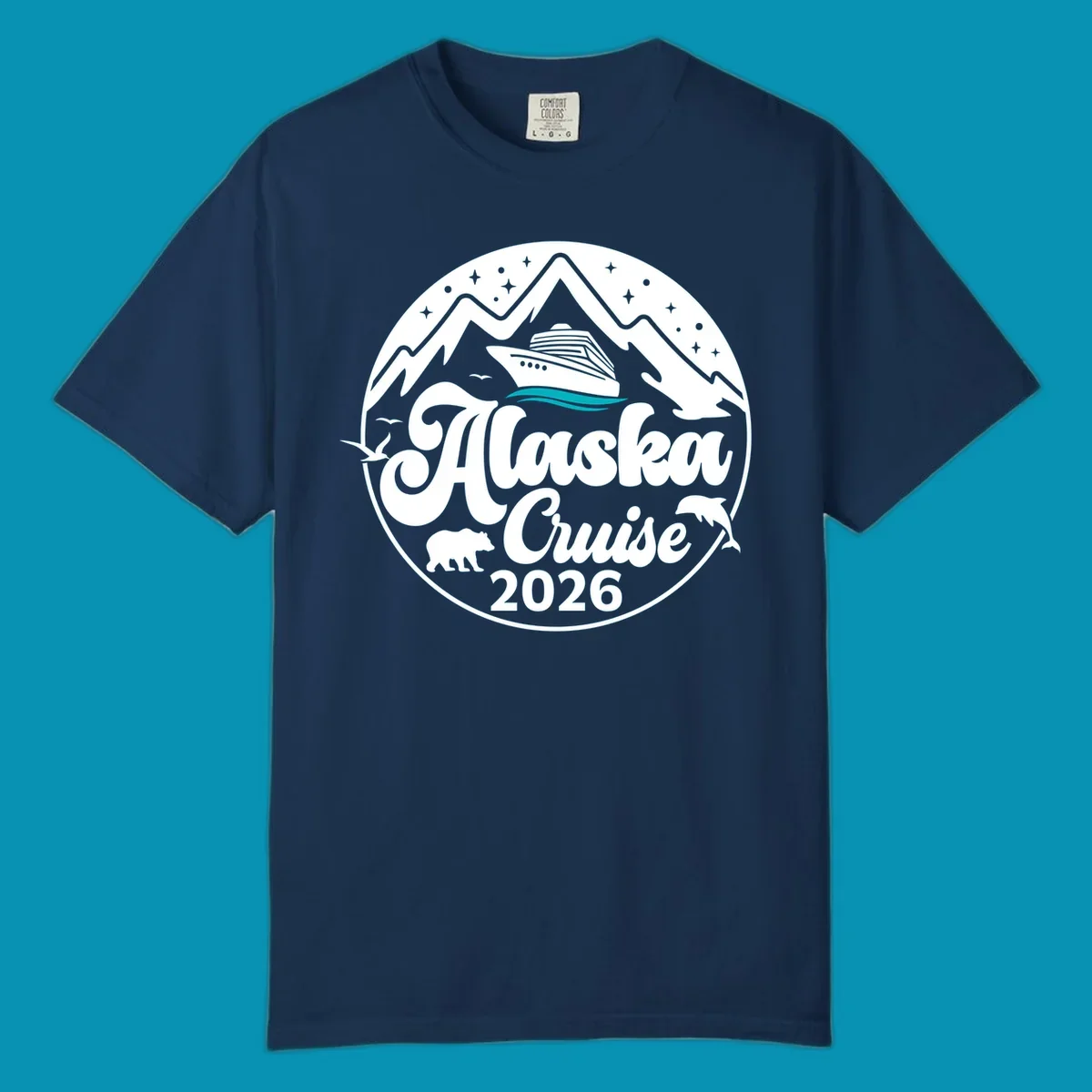 Minimalist teal and turquoise layered ocean waves design representing Alaska's coastal waters