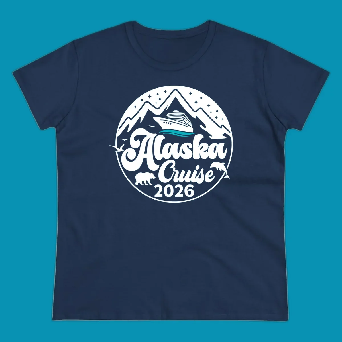Minimalist teal and turquoise layered ocean waves design representing Alaska's coastal waters