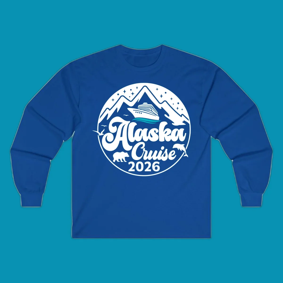 Minimalist teal and turquoise layered ocean waves design representing Alaska's coastal waters