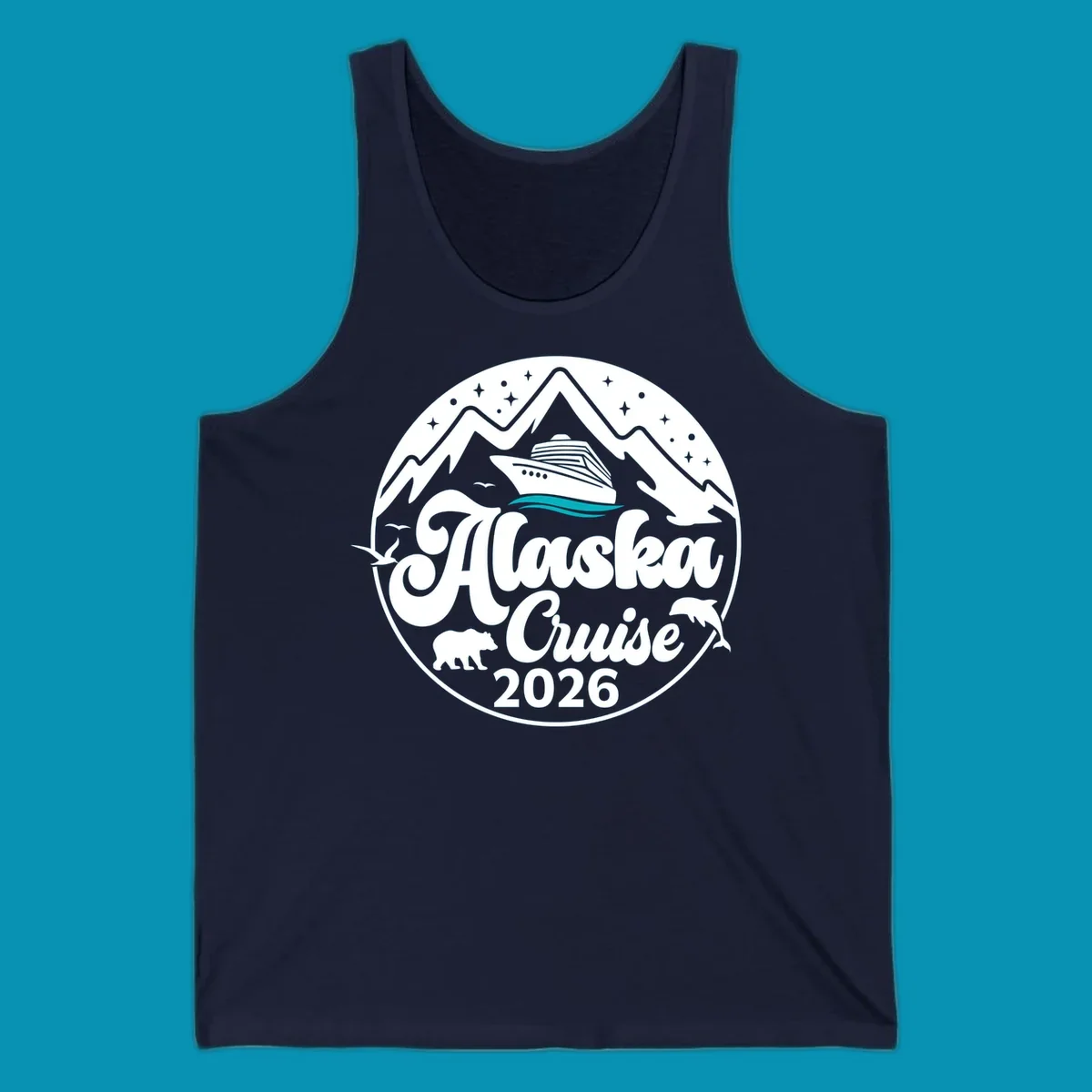 Minimalist teal and turquoise layered ocean waves design representing Alaska's coastal waters