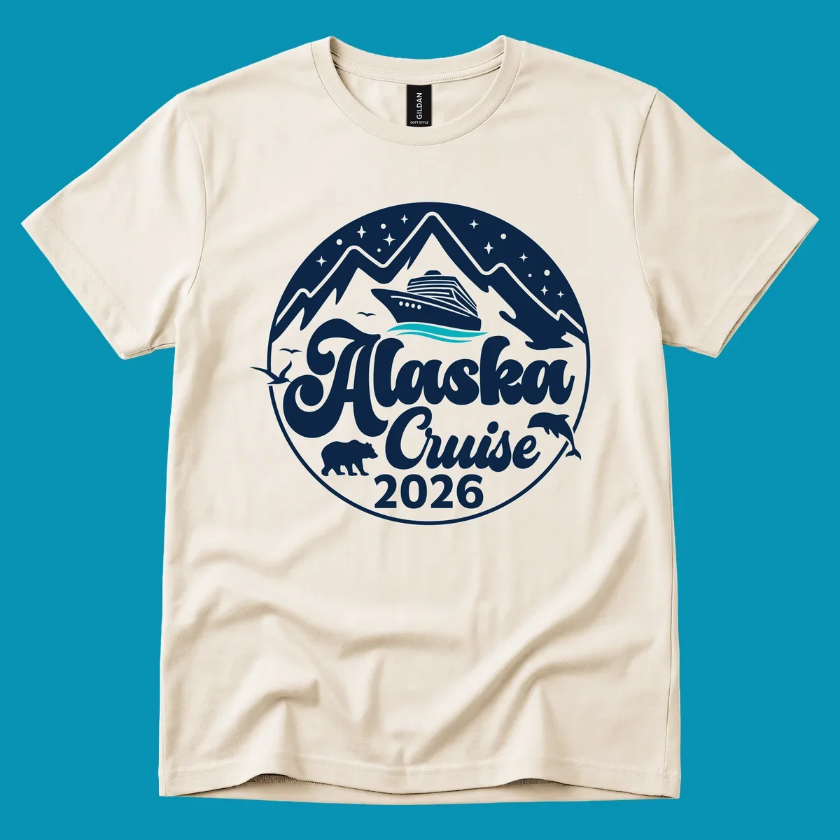 Minimalist teal and turquoise layered ocean waves design representing Alaska's coastal waters